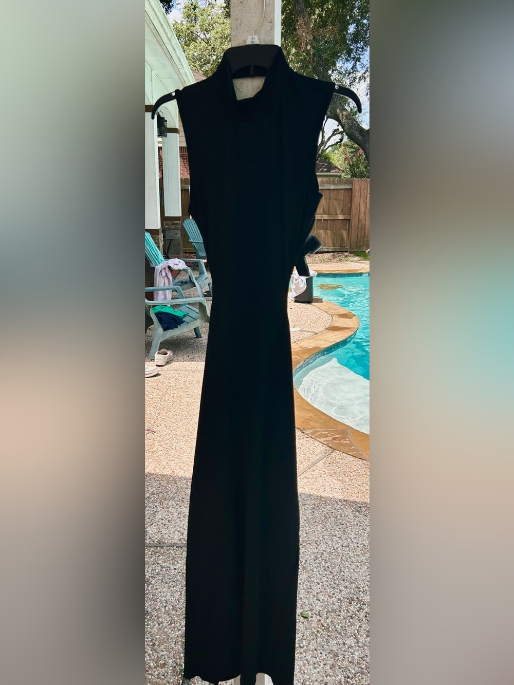 Sleeveless Black Maxi Dress w/ High Neck.  Sassy Open Back with silver butterfly